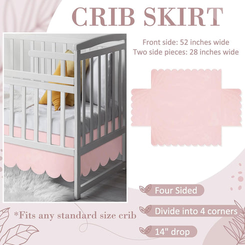 Hahafelt 28"x 52" 14" 4-Sided Pink Scalloped Crib Skirt with Drop Pleated Dust Ruffle with Split Corners for Baby Boys