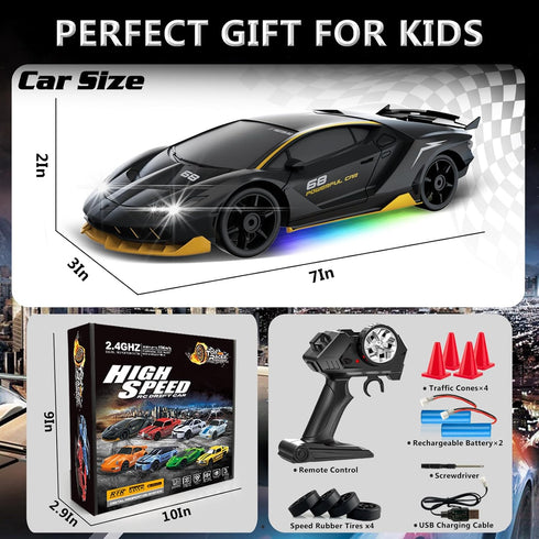 2.4GHz 1:24 4WD 15KM/H 2Pcs Remote Control Car RC Drift Car High Speed Racing Sport Car with LED Lights Drifting Tire