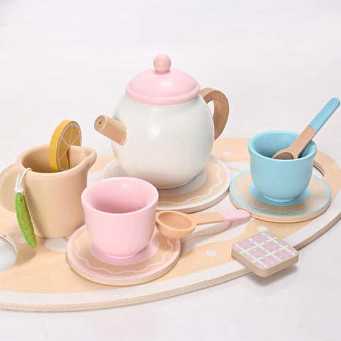 23pcs Set Set Set Playset Wooden Tea for Little Girls, Toddler Tea Wooden Toys Play Kitchen Accessories with Cupcake