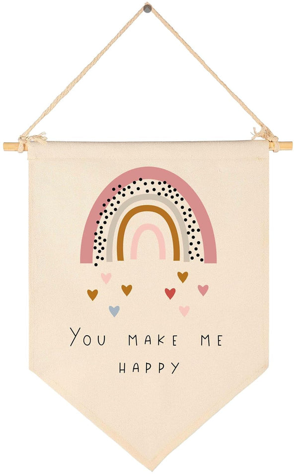 You Make Me Happy Rainbow Heart Canvas Hanging Flag Banner Wall Sign Decor for Nursery