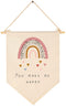 You Make Me Happy Rainbow Heart Canvas Hanging Flag Banner Wall Sign Decor for Nursery