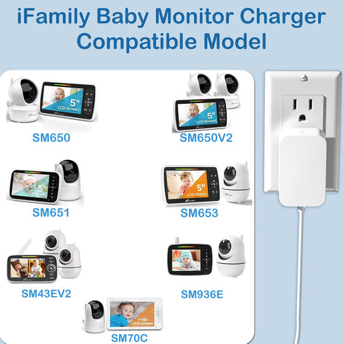 5V Baby Monitor Power Cord for iFamily SM650, SM650-2, SM43E, SM43Ev2, SM653, SM651, SM936E, SM70C Monitor and Camera Unit Video Baby Monitor Replacement Charger Cord