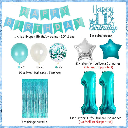 Happy 11th Birthday Decorations for Girls Teal - Teal Fringe Curtain, Turquoise Banner, Number 11 Foil Balloon, Cake