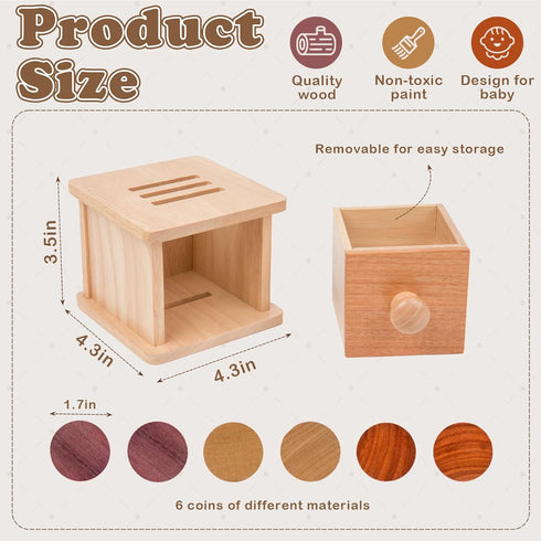 1-Year-Old 6-12 Adena Montessori Coin Box -Natural Wood Double-Sided Object Permanence Box Toy for Babies, Wooden