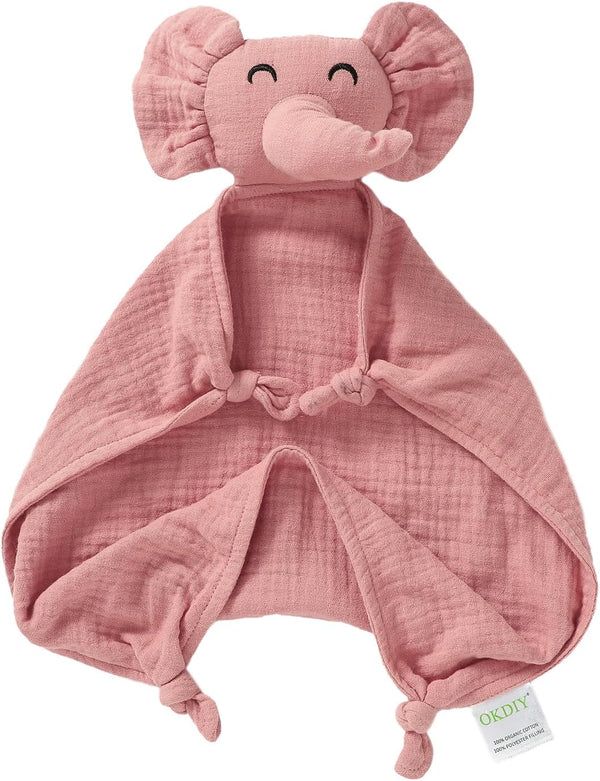Organic Elephant Lovey, Muslin Security Blankets for Babies, Stuffed Animal Snuggle Toy Gift for Boys and Girls (Pink)