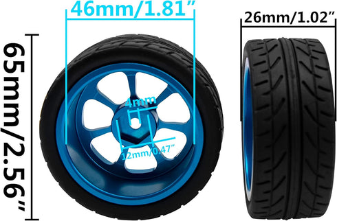 Metal Wheel Rims 12mm Hex Hub & OD 2.56" Rubber Tires, Compatible with Tamiya HPI Kyosho HSP