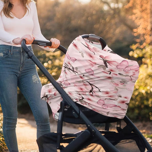 Butterfly Nursing Cover Cherry Blossom Carseat Covers Baby Car Seat Cover for Girls,Stretchy Car Seat Canopy Multiuse