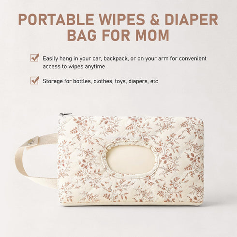 Nmoiat Wipe Holder Floral Diaper and Wipes Pouch Portable Hanging Wipes Bag for Car, Resuable Wet Wipe Pouch for Travel