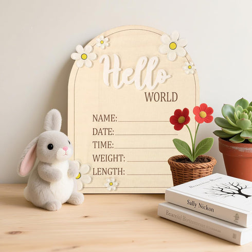 Fukaisu 6.5in 3) Baby Announcement Sign, Wooden Newborn Announcement Board Hello World Baby Birth Stats Sign Welcome