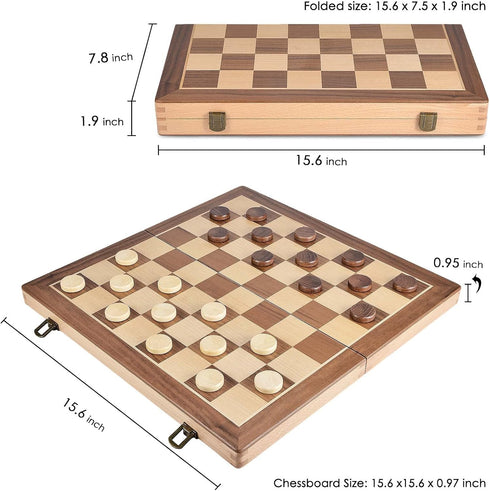 AMEROUS 15 Inches Wooden Chess & Checkers Set with Upgraded Weighted Pieces, 2 Extra Queens, Storage Slots