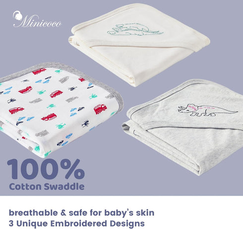 100% 3pcs 31x31 Inches Cotton Baby Blankets - Ultra Soft Breathable Cartoon Print Multi-Scenario Usage Blankets