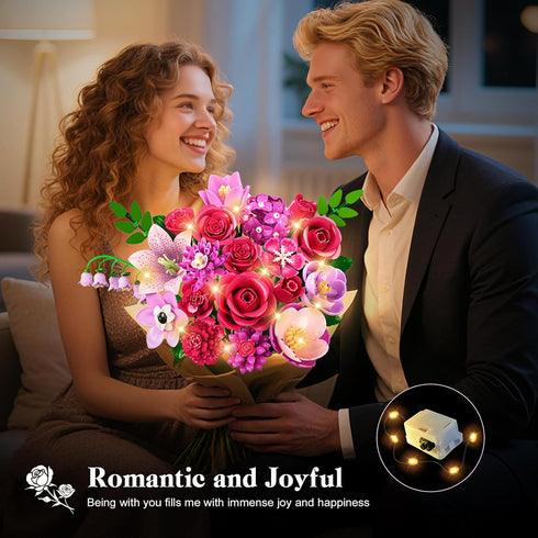 Set 21 832PCS CUBIMANA Flowers Bouquet Building with LED - Rose Red Botanical Collection Kit for Adults Women