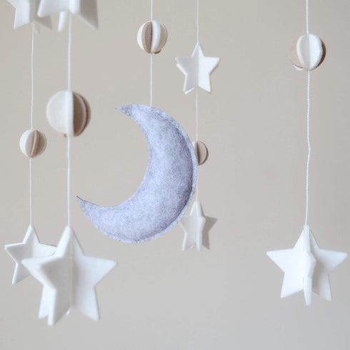 Baby Crib Mobile - Moon & Stars in Grey, White & Cream - Unisex Nursery Decoration