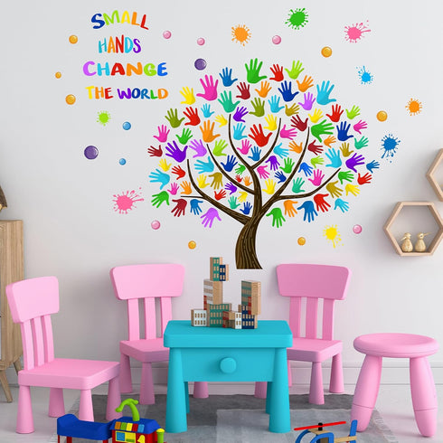 Small Hands Change The World Wall Stickers Inspirational Quote Paint Splatter Diversity Handprint Wall Decals