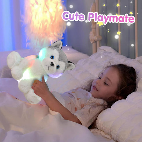 Houwsbaby 12'' Gray Light Up Husky Stuffed Animal Dog, Floppy LED Plush Toy Puppy Night Lights Glow Pillow for Kids