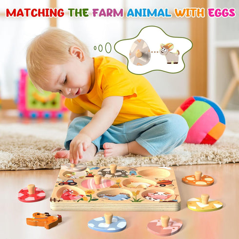 8 Zeoddler Easter Wooden Puzzles for Toddlers, Pcs Farm Animal Matching Egg Puzzle, Montessori Toys for Boy Girl
