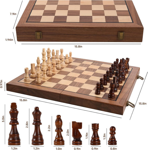 Ajedrez Set, 15" 2 Magnetic Wooden Chess Walnut Folding Chess Board with Handcrafted Pieces Extra Queens, Portable