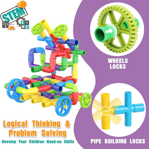 WishaLife 250 Pieces STEM Building Blocks Set - Kids Tube Locks Construction Set with Storage Box for Preschool Learning