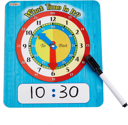 Time Learning Analog Clock for Kids - Pack of 5 (7 x 8 Inches) with 5 Erasable Markers