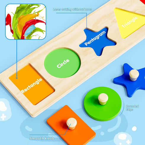 First Jumbo Knob Wooden Shape Puzzles for Toddlers 1-3, Montessori Peg Shapes Puzzle Sorter Board