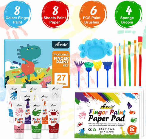 27PCS Kids Washable Finger Paint Set, Non-Toxic Finger Paints 8 Colors, Brushes, Sponges, Art Painting Supplies for