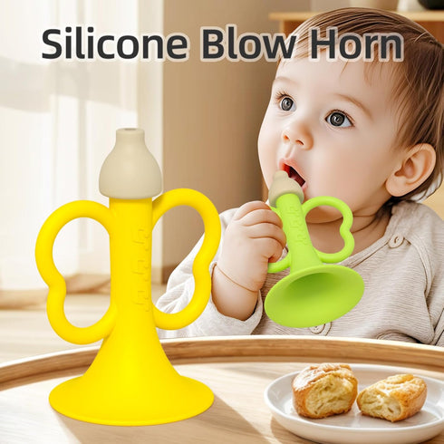 6-12 2PCS 0-6 Baby Trumpet Toy Months, Silicone Baby Horn Blowing Toy with Yellow Green for Teething Sensory Play