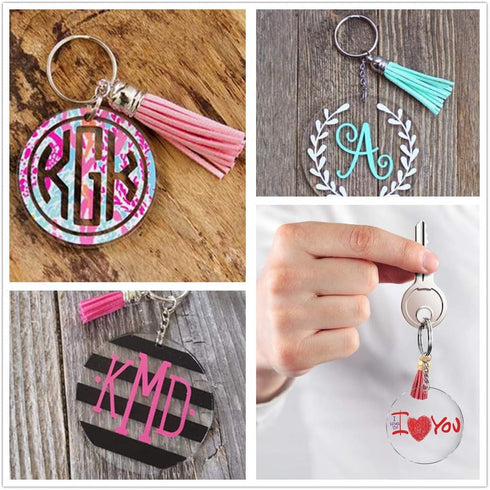 KINGFOREST 120PCS Acrylic Keychain Blanks Kit - 30 Keychain Rings, 30 Jump Rings, 30 Clear Discs, 30 Tassels