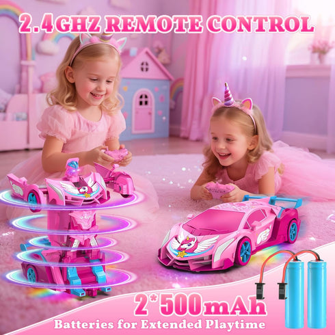 Hanroni 360Rotation 2.4GHz 3-12 Unicorn Transform RC Cars for Girls Toys with Rainbow Eyes & Underbody Lights, Fast