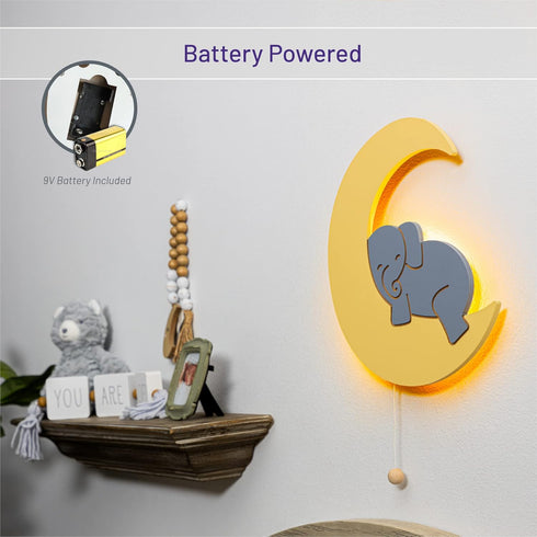 Lumipets Lighted Elephant on Moon, Nursery Night Light, Wall Mounted Lighted, Battery Operated Cloud Light