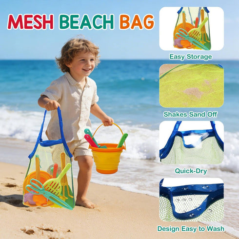 BeneFine Set Summer Beach Toy for Kids Sand Toys Outdoor Play with Mesh Bag-Includes Collapsible Bucket, Mesh Shovel