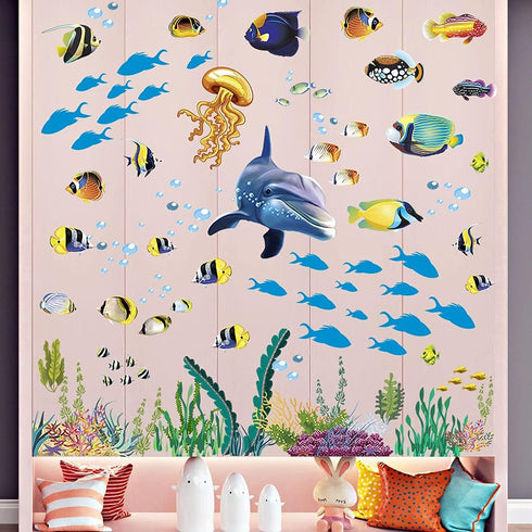 Creative 3D Ocean Fish Wall Sticker, Removable DIY Under The Sea Coral Grass Decal for Kids Nursery Decor