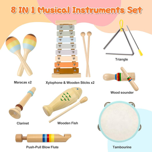 YUNLX 1-3 Set Baby Musical Instruments-Montessori Wooden Toys for Toddlers Neutral Colors Percussion Instruments