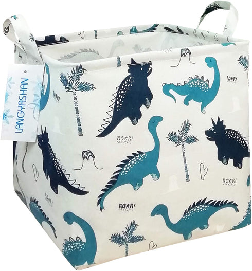 LANGYASHAN Square Storage Baskets, Waterproof Canvas Children Laundry Nursery Hamper, Toy Organizer Room Decor