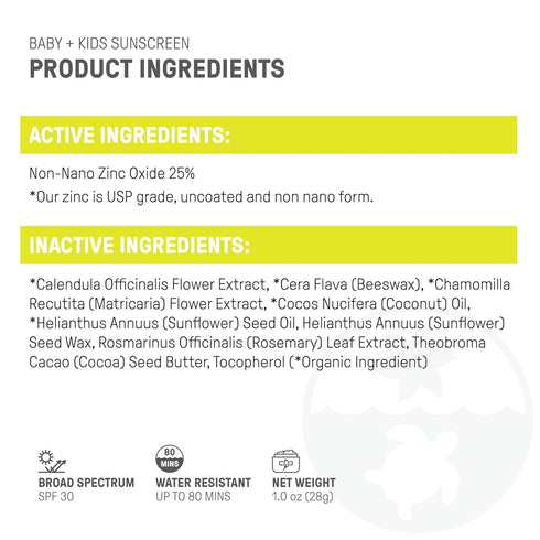 30 1.0 oz Raw Elements Baby & Kids SPF Organic Sunscreen Stick, Non-Nano Zinc Oxide, Reef-Safe, Cruelty-Free, Gluten