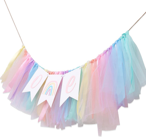 LINLULU 1st Pastel Rainbow High Chair Banner - Tulle & Ribbon Highchair Banner for Birthday Girl, Rainbow Decorations