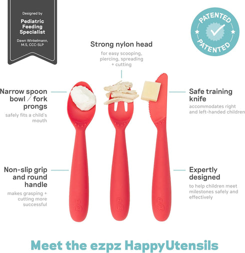 ezpz Happy Utensils - 24 Months+ (Coral) - BPA Free Toddler Utensils - Fork, Spoon and Knife for Toddlers and Preschoolers - Kids Utensils for Self-Feeding Development