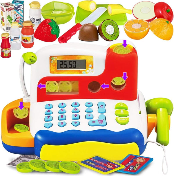 FUNERICA Toy Cash Register with Scanner, Microphone, Interactive Calculator, Grocery Food, Pretend Play Money
