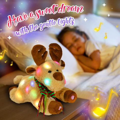 Glow Guards Christmas Reindeer Stuffed Animal - Light Up Music 15'' Night Light LED Glowing Singing Elk Plush Toy for
