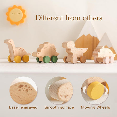 Wooden Dinosaur Cars Montessori Toys, Baby Push Car Toys, Developmental Infant Grasping Toys (3PCS)