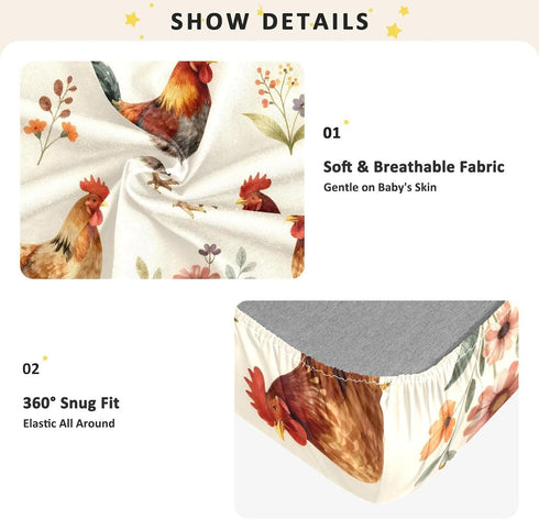 CZXW 52" 28" Farm Roosers Hens Crib Sheets Fitted x Natural Cotton Soft & Breathable for Baby Crib Mattress