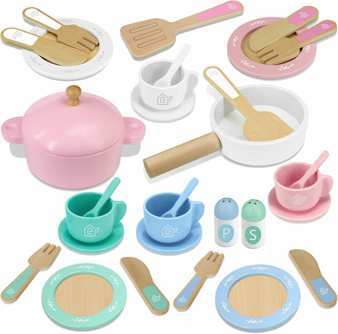 SimpliPlay Wooden Toy Plates and Dishes for Kitchen Set, 30PCS Montessori Play