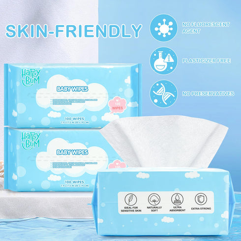 6 Packs (600 Count) HAPPY BUM Dry Baby Wipes Sensitive Skin Unscented Soft Travel Wipes for Newborn Face Hands