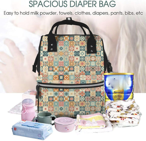 FSQDJLU Backpack Vintage Patchwork Quilted Diaper Bag for Women, Large Capacity Waterproof Travel Bag with Stroller