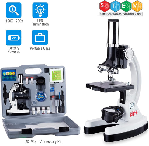 AmScope 120X-1200X Beginner Microscope STEM Kit, 52-pcs with Metal Body, LED Light, and Carrying Box