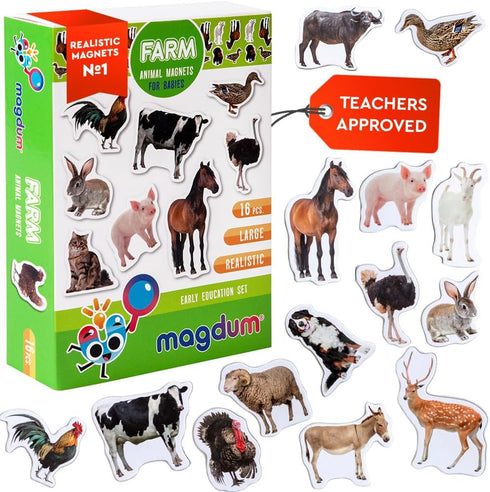 Fridge Magnets for Toddlers - Magdum, 16 Farm Animal Magnets for Refrigerator, Educational Gift for Kids