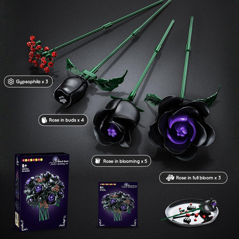 Set 15 330PCS HOGOKIDS Flowers Bouquet Building - Black Roses Botanical Collection Building Blocks Artificial Flower