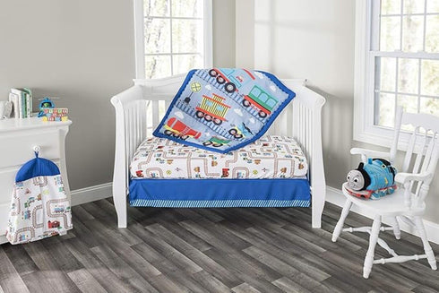 4 Set Set Set EVERYDAY KIDS Piece Boys Crib Bedding - Choo Choo Train - Includes Quilt, Fitted Sheet, Dust Ruffle