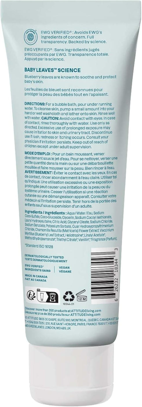 8 Oz ATTITUDE Bubble Body Wash for Baby, EWG Verified, Dermatologically Tested, Plant and Mineral-Based, Vegan, Good