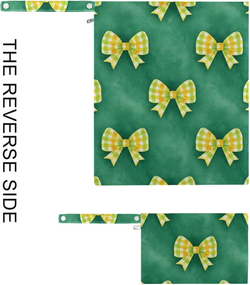 Burbuja 2 Pack, 2 Green Yellow Bows Wet Dry Bags for Baby Cloth Diaper Waterproof Reusable Wet Bag with Zippered