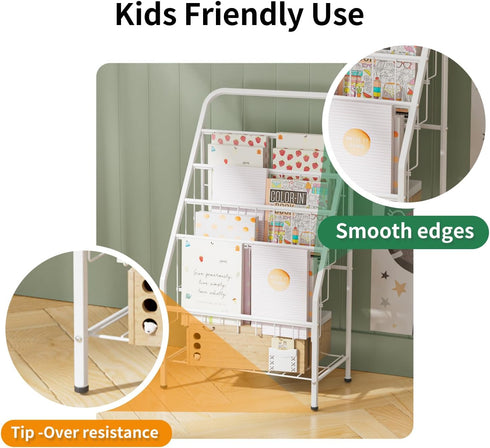 4-Tier (28.35" JAQ White Kids Bookshelf, Metal Book Display Rack for Small Spaces, Modern Toddler Bookshelf for Nursery